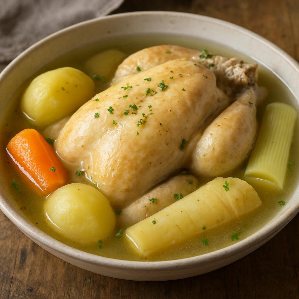Entree: France – Southwest France – Poule au Pot (Classic slow-simmered whole chicken with root vegetables in a clear broth) recipe