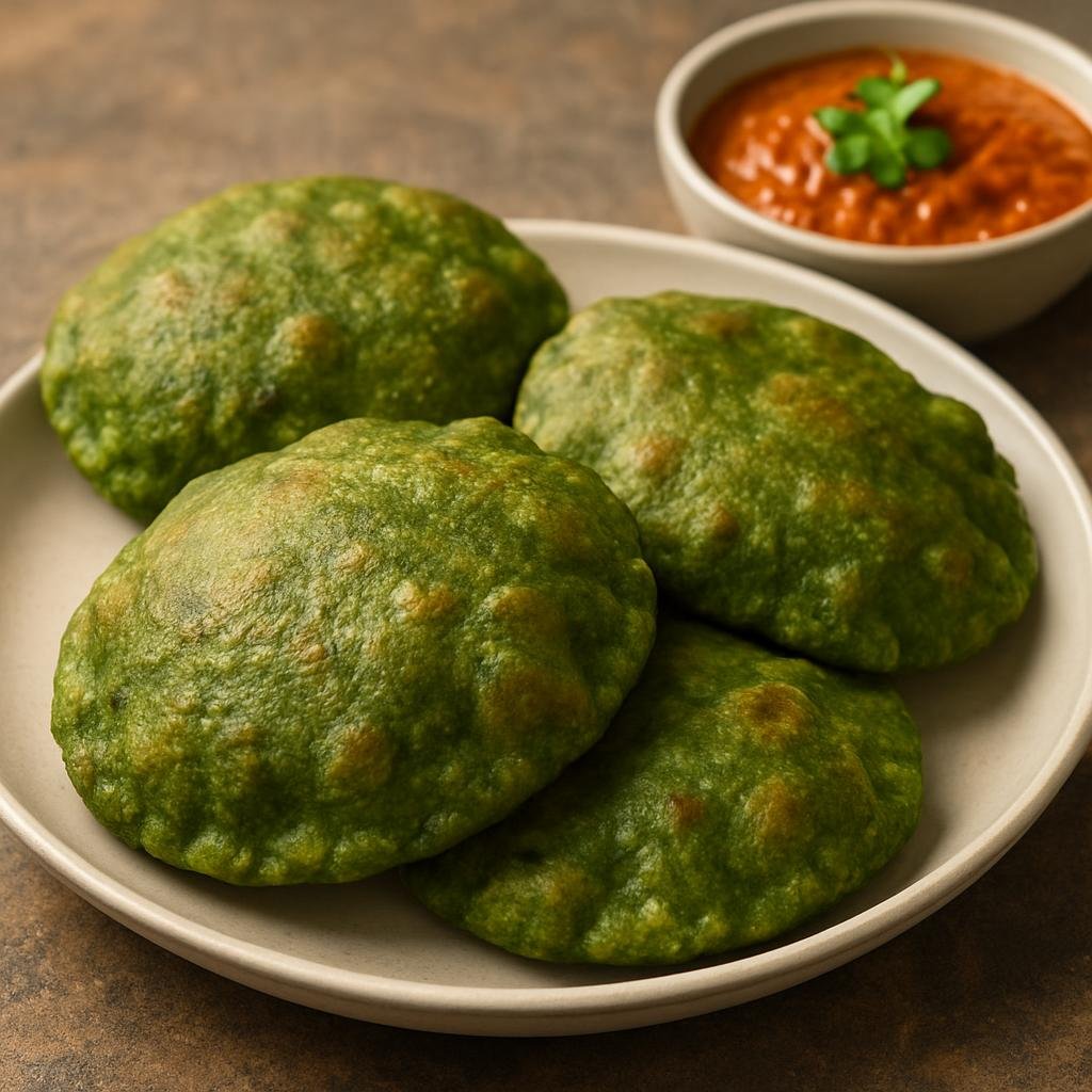 Entree: India – Madhya Pradesh – पालक पूरी ➤ Pālak Pūrī (Deep-fried whole wheat flatbreads made with pureed spinach and spices) recipe