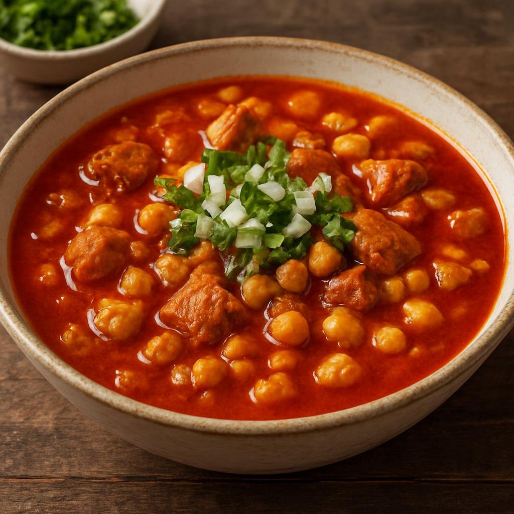 Entree: United States – New Mexico – Posole (Hearty hominy and pork stew flavored with New Mexican red chile and aromatics) recipe