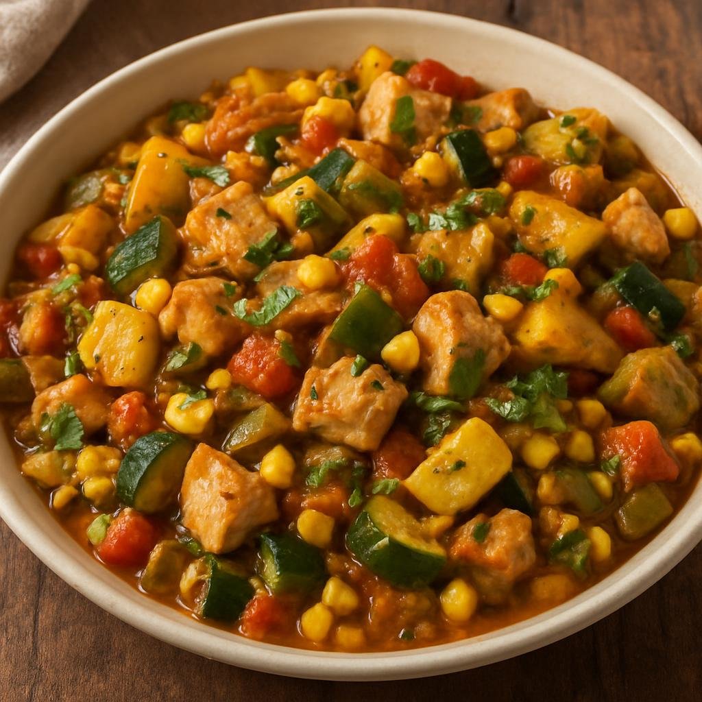 Entree: United States – New Mexico – Calabacitas with Chicken (A New Mexican sautéed stew of summer squash, corn, roasted green chiles, tomatoes, and chicken) recipe