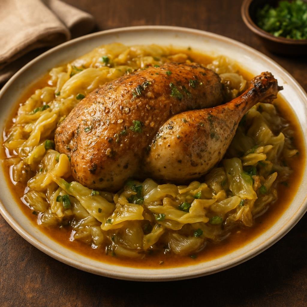 Entree: France – Southwest France – Pintade aux Choux (Guinea fowl braised with cabbage in a savory wine and herb sauce) recipe
