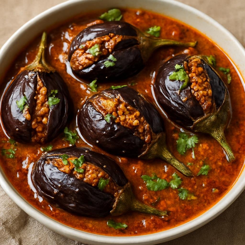 Entree: India – Maharashtra – भरली वांगी ➤ Bharli Vāngī (Small eggplants stuffed with a spiced peanut-sesame-coconut filling and simmered in Maharashtrian masala) recipe