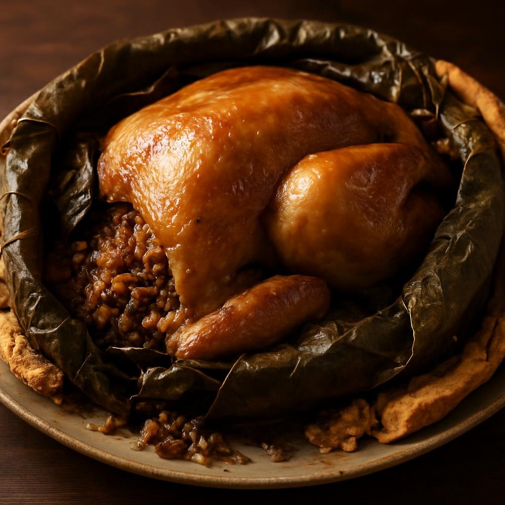 Entree: China – Shanghai / Hu Cuisine – 叫化鸡 ➤ Jiàohuā jī (Whole chicken marinated, stuffed, wrapped in lotus leaves and sealed in clay or dough, then slow-baked until tender and aromatic) recipe