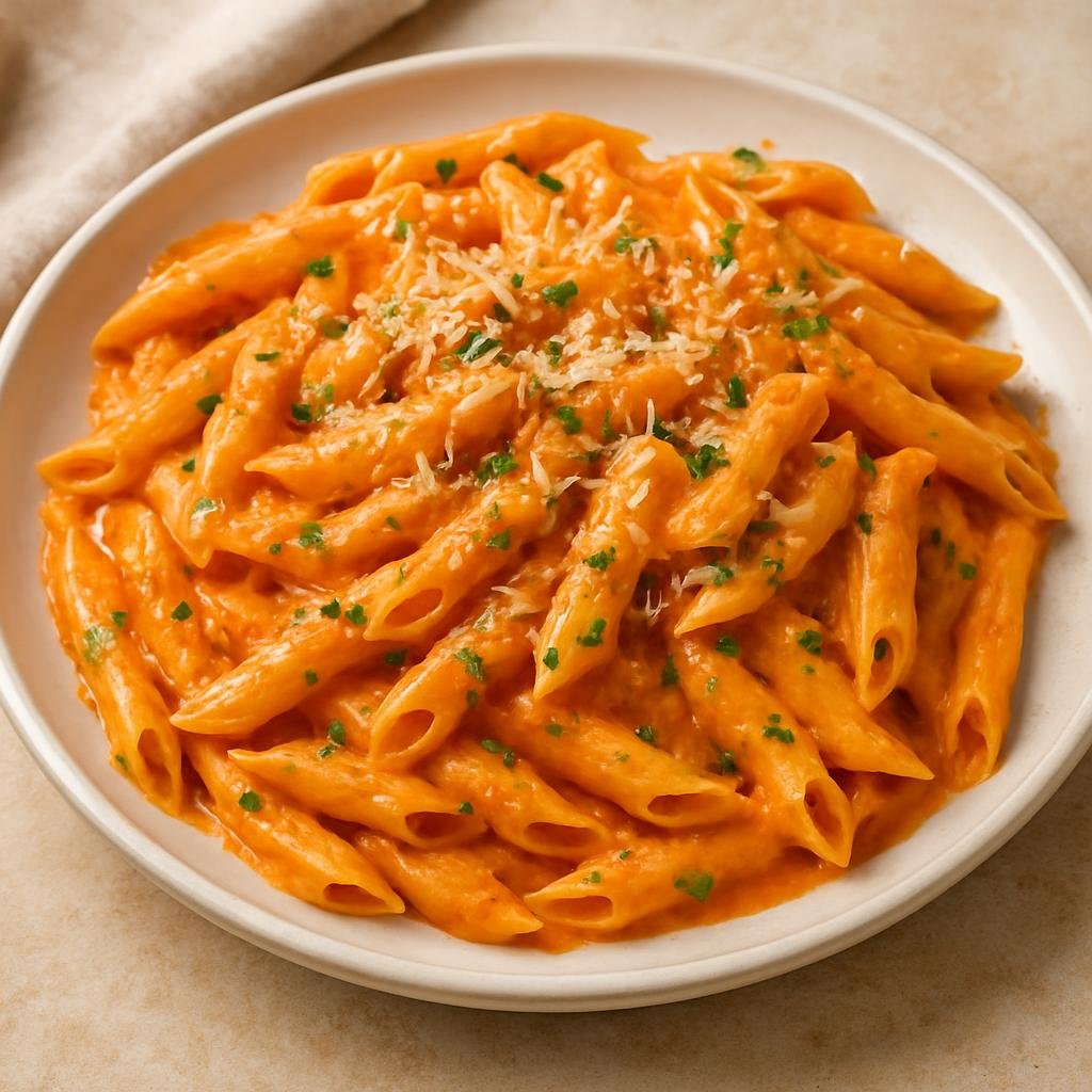 Entree: United States – New York City – Penne alla Vodka (Penne pasta tossed in a creamy tomato sauce brightened with vodka and Parmesan) recipe