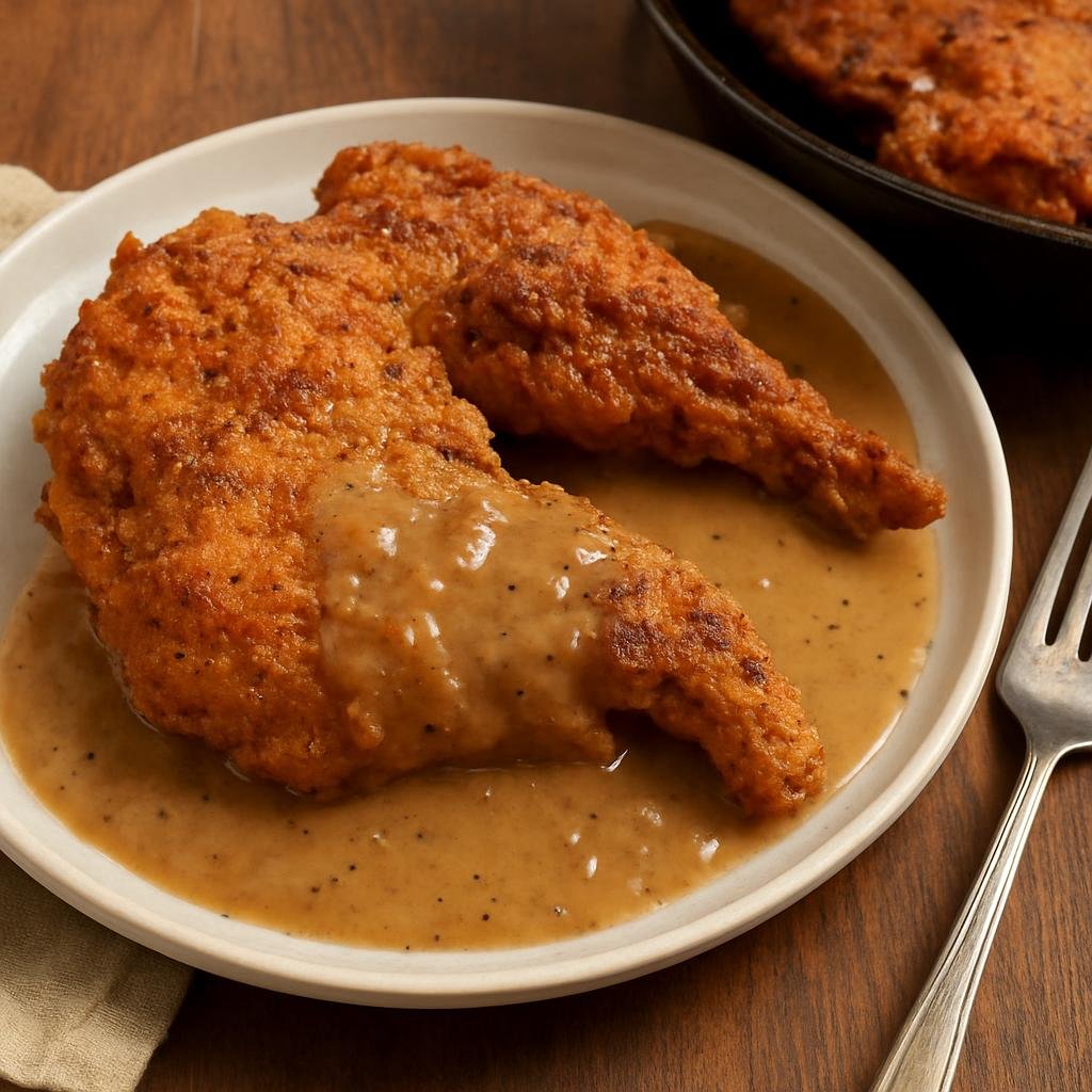 Entree: United States – Ozarks – Fried Rabbit (Pan-fried country-style rabbit with a seasoned cornmeal-and-flour crust, served with pan gravy) recipe