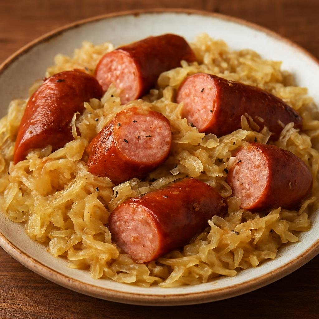 Entree: United States – Ozarks – Smoked Sausage and Sauerkraut (Smoked pork sausages braised with tangy fermented cabbage and aromatics) recipe