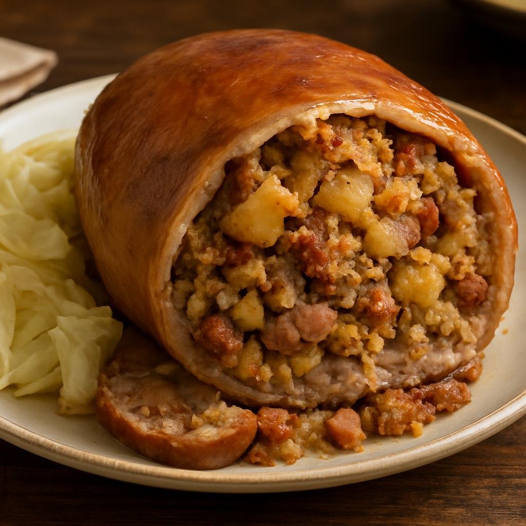 Entree: United States – Pennsylvania Dutch Country – Stuffed Pig Stomach (Roasted pig stomach filled with a savory pork, sausage, potato, and breadcrumb stuffing traditional to Pennsylvania Dutch kitchens) recipe