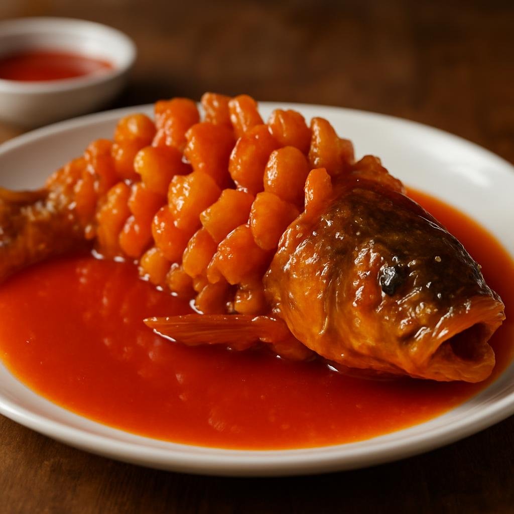 Entree: China – Tianjin – 天津糖醋鲤鱼 ➤ Tiānjīn táng cù lǐ yú (Whole carp deep-fried and lacquered with a bright sweet and sour sauce) recipe