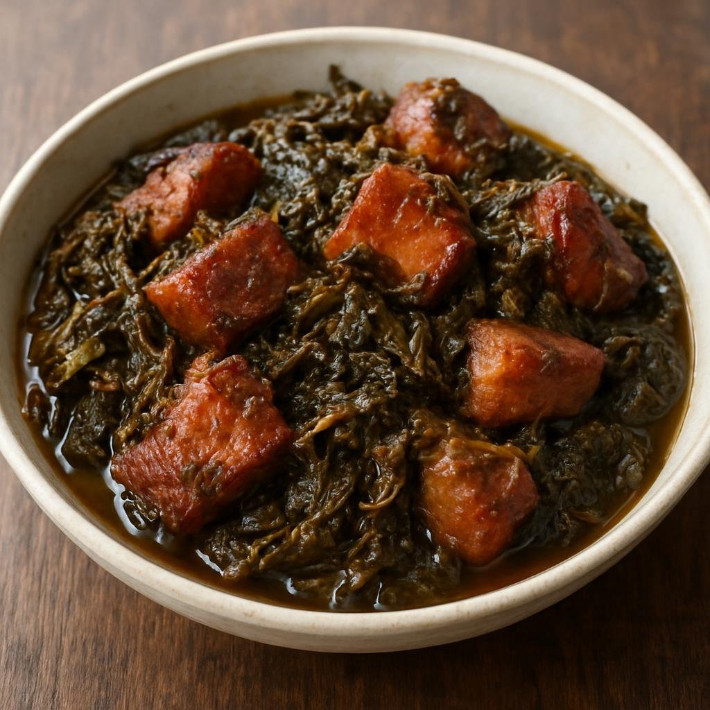 Entree: India – Nagaland – Anishi (Fermented Yam Leaves) with Pork (Stewed pork cooked with tangy fermented yam leaves, a traditional Naga preparation) recipe
