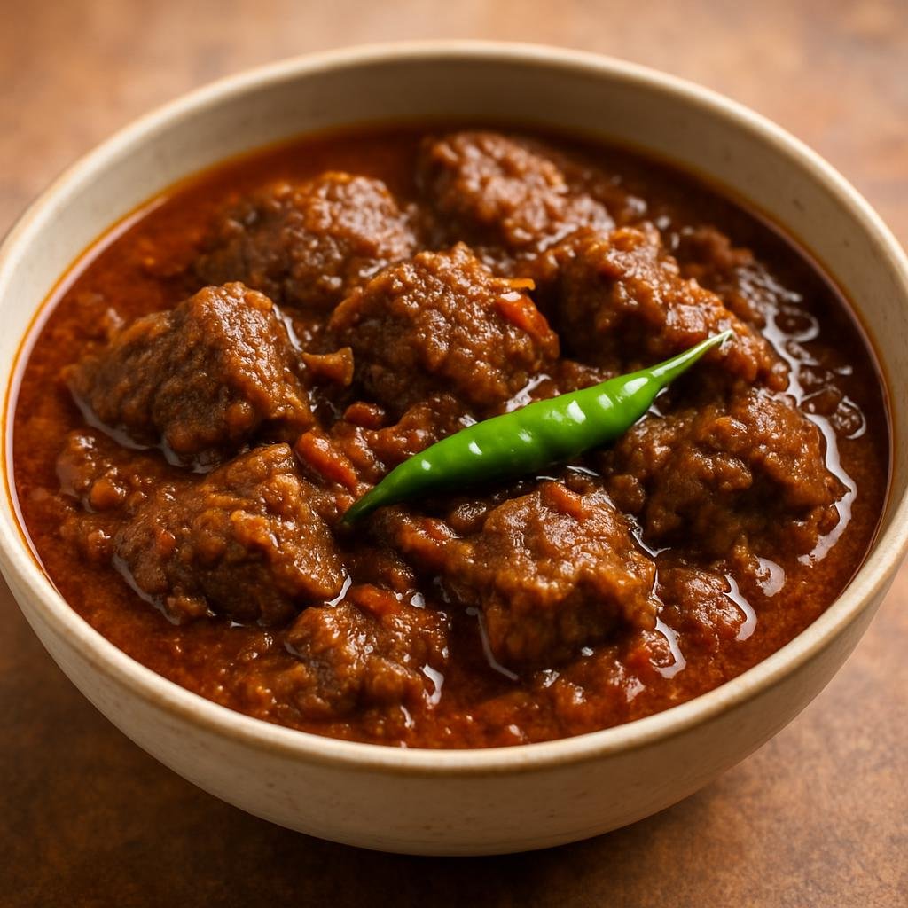 Entree: India – Nagaland – Naga Beef Curry (Hearty spicy stewed beef from Nagaland flavored with Naga chilies and fermented soybean) recipe