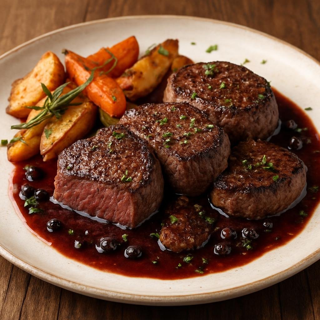 Entree: United States – Rocky Mountain West – Grilled Elk Medallions (Seared tender elk medallions seasoned with mountain herbs and finished with a juniper red-wine pan sauce) recipe