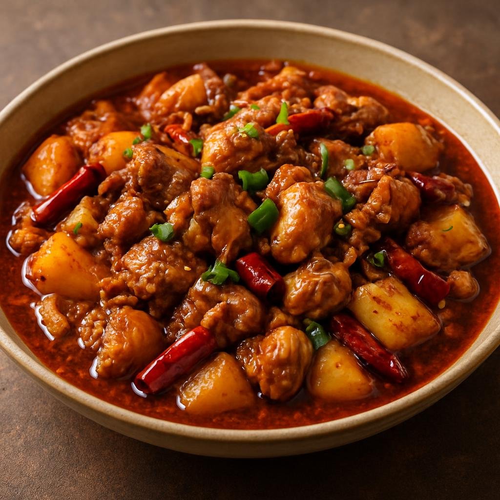Entree: China – Xinjiang Uyghur – 大盘鸡 ➤ Dà pán jī (Spicy braised chicken and potatoes in a fragrant Xinjiang-style chili-garlic soy broth) recipe