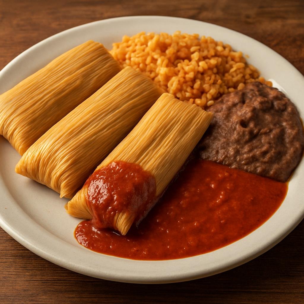 Entree: United States – Southwest – Tamale Plate (Plate of steamed corn masa tamales served with red chile sauce, rice, and beans) recipe