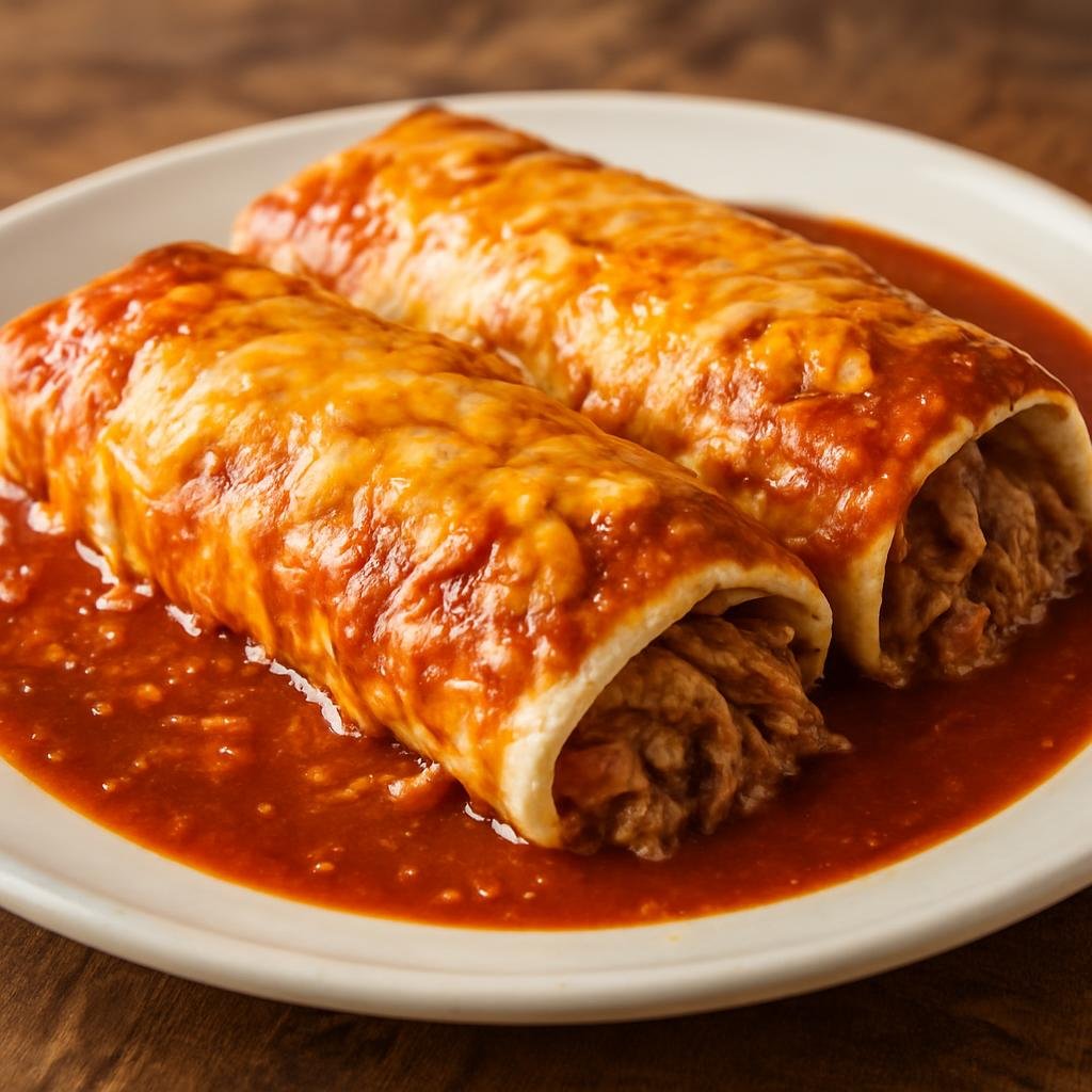 Entree: United States – Southwest – Smothered Burritos (Flour tortillas filled with seasoned shredded pork and beans, covered in chile sauce and melted cheese) recipe