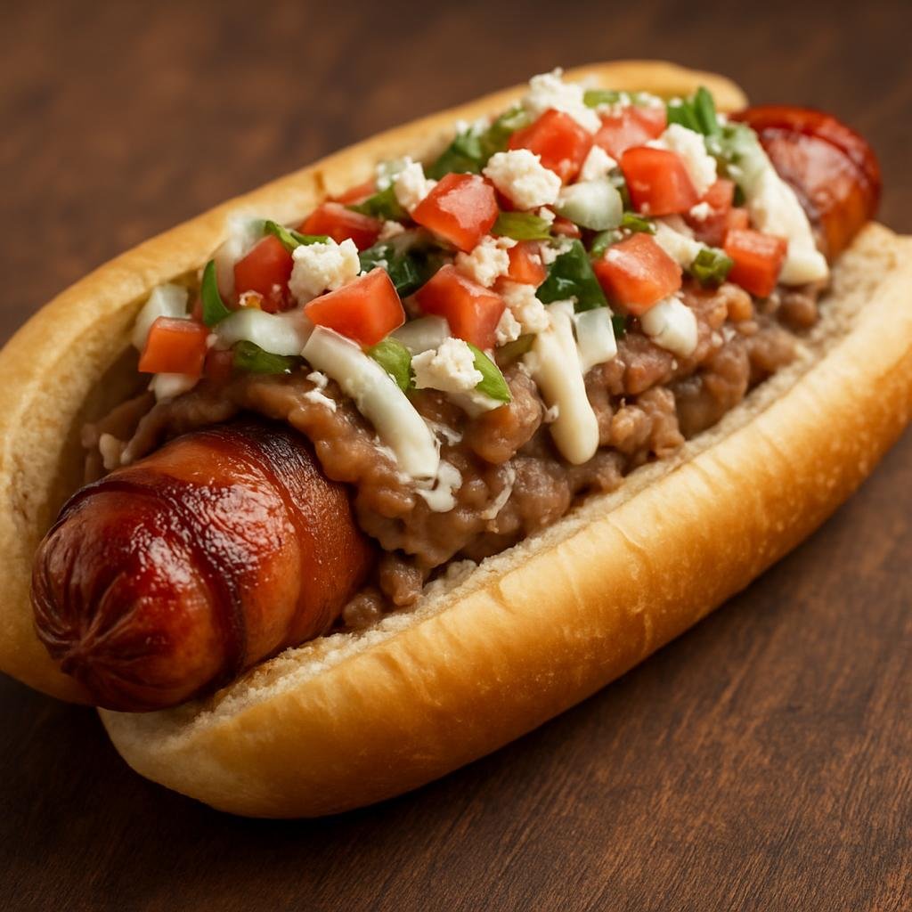 Entree: United States – Southwest – Sonoran Hot Dog (Bacon-wrapped grilled hot dog served in a soft roll topped with refried beans, fresh vegetables, sauces, and cheese) recipe