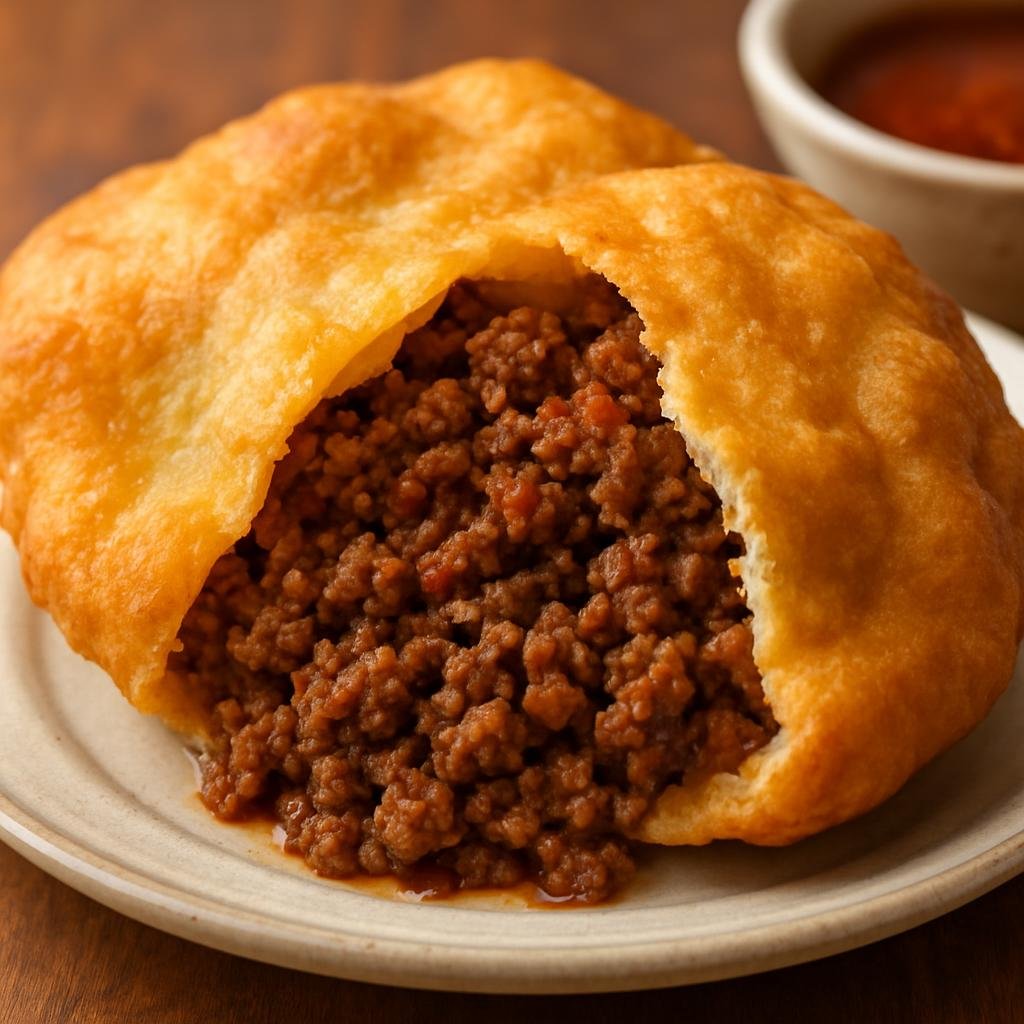 Entree: United States – Southwest – Sopaipilla Stuffed with Meat (Fried puffy flatbreads from the Southwest split open and filled with savory spiced meat) recipe