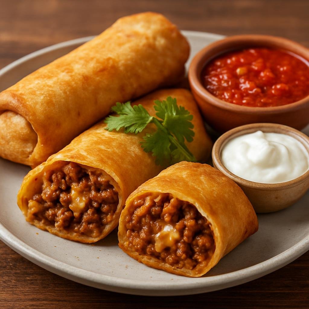 Entree: United States – Tex-Mex Borderlands – Chimichangas (Deep-fried stuffed flour tortillas filled with seasoned meat, beans, and cheese, typically served with sauces and garnishes) recipe