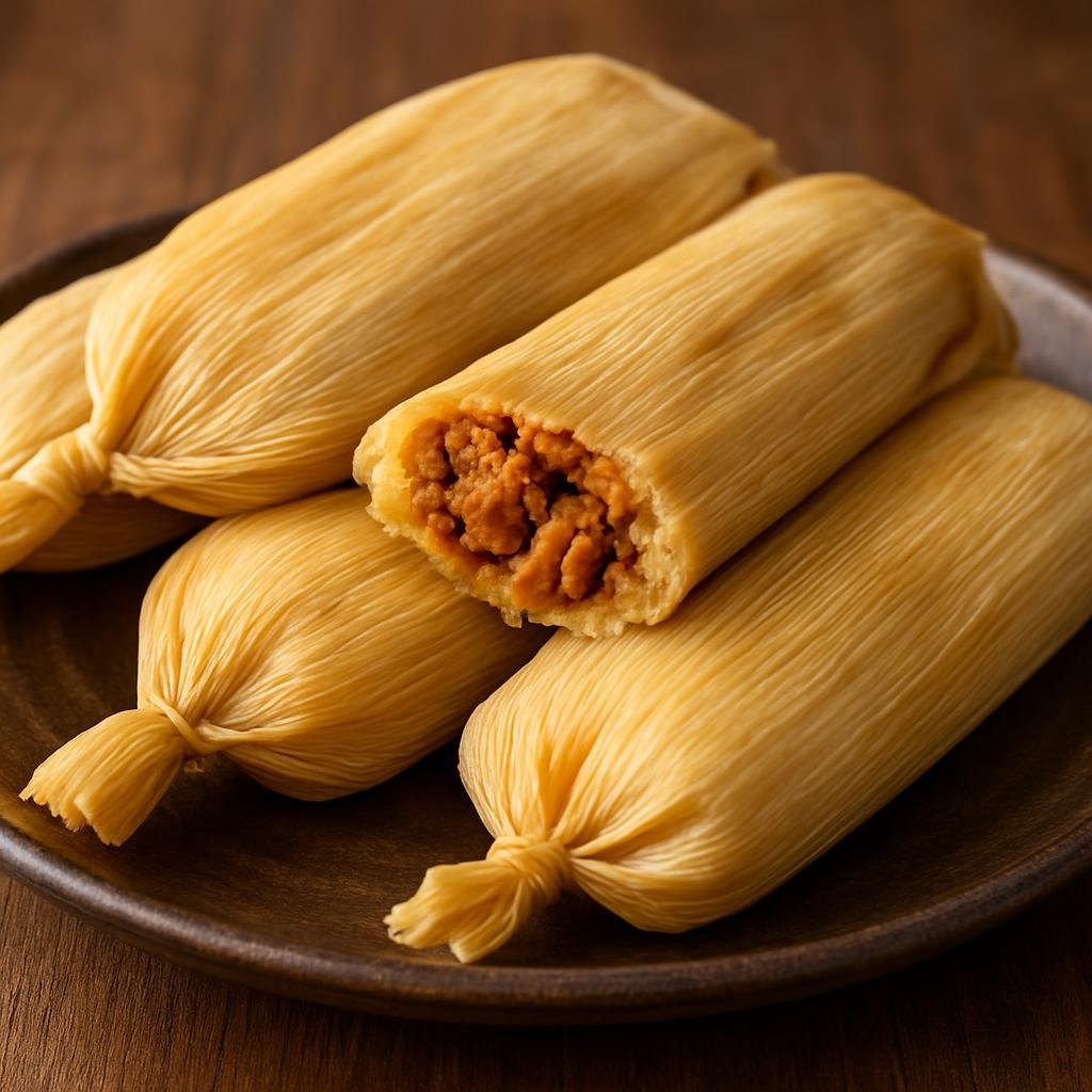 Entree: United States – Tex-Mex Borderlands – Tamales (Steamed masa dough parcels wrapped in corn husks and filled with seasoned pork or other fillings) recipe