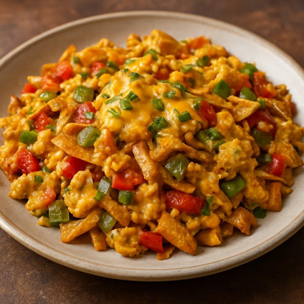 Entree: United States – Tex-Mex Borderlands – Tex-Mex Migas (Scrambled eggs tossed with crispy tortilla strips, peppers, onions, and melted cheese) recipe