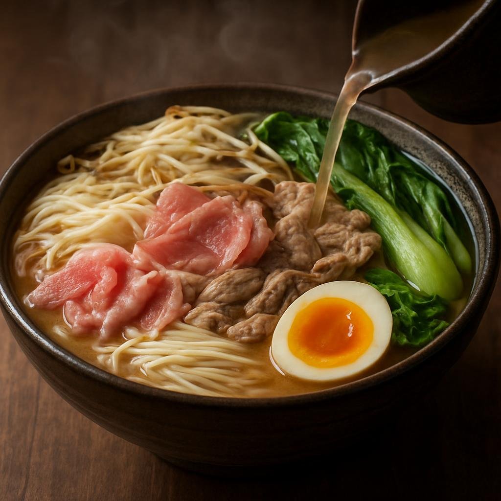 Entree: China – Yunnan – 过桥米线 ➤ Guòqiáo mǐxiàn (Yunnan "Crossing the Bridge" rice noodle soup of hot bone broth poured over raw sliced proteins, noodles, vegetables, and egg) recipe