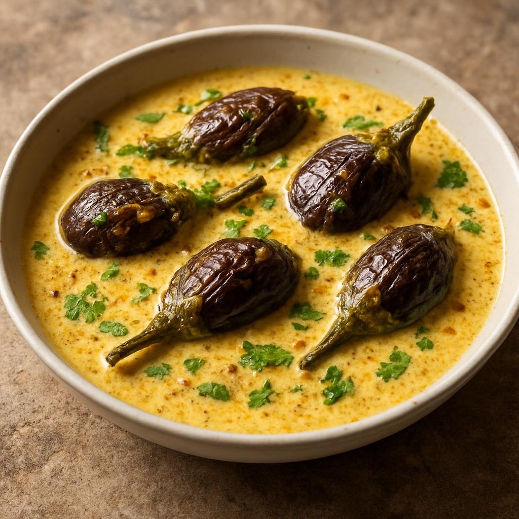Entree: India – Odisha – ଦହି ବେଗଣ ➤ Dahi Baigana (Eggplant cooked in a lightly spiced yogurt gravy typical of Odisha) recipe
