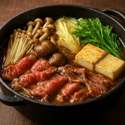 Entree: Japan – すき焼き ➤ sukiyaki (Beef and vegetables simmered in a sweet-savory soy broth) recipe