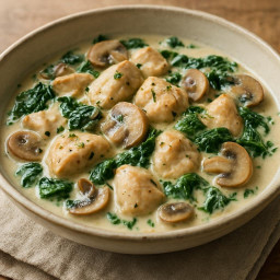 Entree: France – Cream of Some Young Guy (Classic French-style creamy chicken fricassee with mushrooms and greens) recipe