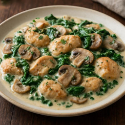 Entree: Italy – Cream of Some Young Guy (Italian-style creamy chicken with mushrooms and greens) recipe