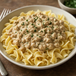 Entree: United States – Creamy Ground Chicken Stroganoff with Egg Noodles recipe