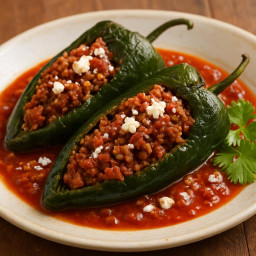 Entree: Mexico – Poblano Rellenos de Picadillo (Poblanos stuffed with ground beef picadillo) recipe