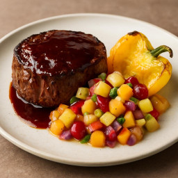 Entree: United States – Hoisin-Glazed Filet Mignon with Fruit Cocktail Salsa and Roasted Yellow Pepper recipe