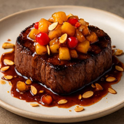 Entree: United States – Grilled Filet Mignon with Warm Fruit Cocktail Relish and Almond-Hoisin Drizzle recipe