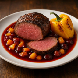 Entree: United States – Oven-Roasted Whole Filet with Fruit Cocktail Reduction and Roasted Yellow Pepper recipe