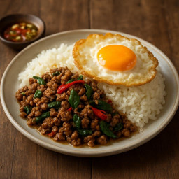 Entree: Thailand – Central Thailand – ผัดกะเพราเนื้อ ➤ Phat kraphao nuea (Stir-fried holy basil beef with a fried egg) recipe