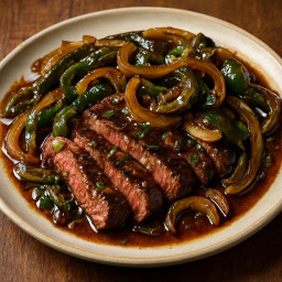 Entree: United States – Texas – Smothered Hanger Steak with Poblanos and Onions recipe
