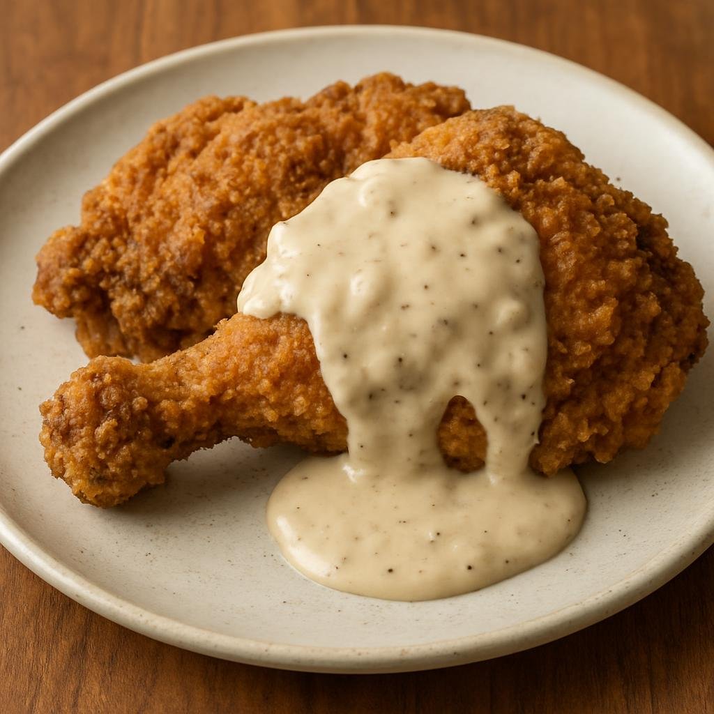 Entree: United States – Southern United States – Country Fried Chicken (Bone-in chicken pieces marinated, breaded, and pan-fried until crisp, served with creamy pan gravy) recipe
