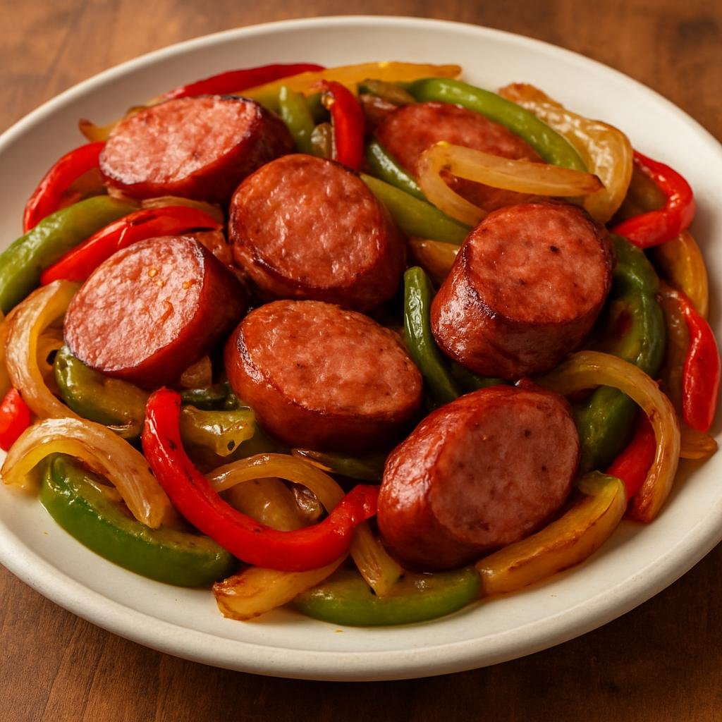 Entree: United States – Southern United States – Conecuh Sausage and Peppers (Pan-seared Conecuh smoked pork sausage served with sautéed bell peppers and onions) recipe