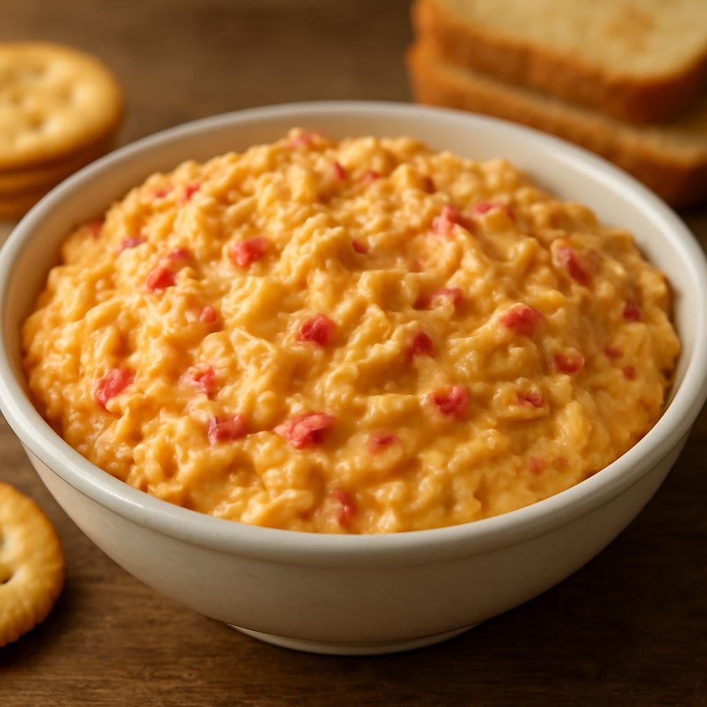 Entree: United States – Southern United States – Pimento Cheese Dip (Creamy Southern spread made from sharp cheddar and chopped pimentos, used as a dip or sandwich filling) recipe