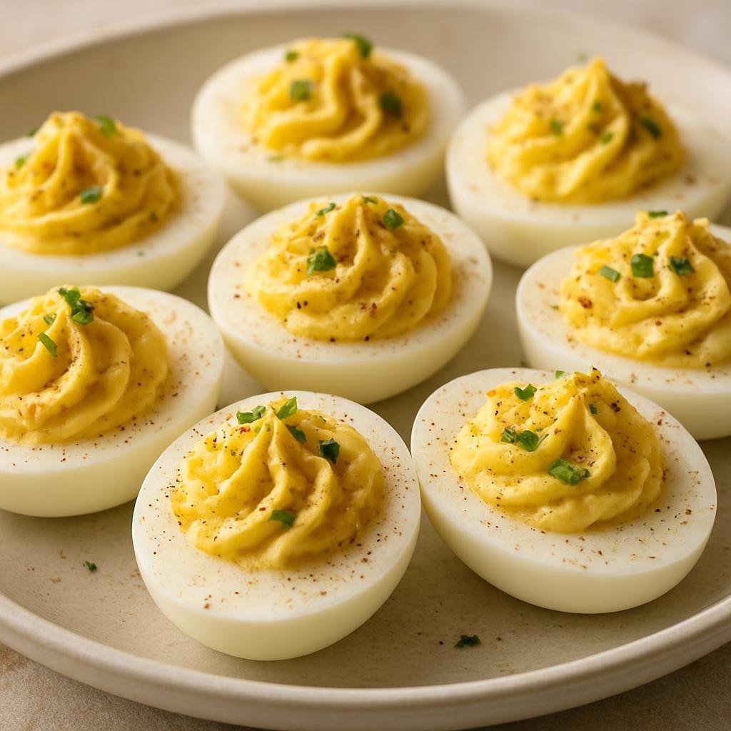 Entree: United States – Southern United States – Deviled Eggs (Hard-boiled eggs halved and filled with a seasoned mashed yolk mixture of mayonnaise and mustard) recipe