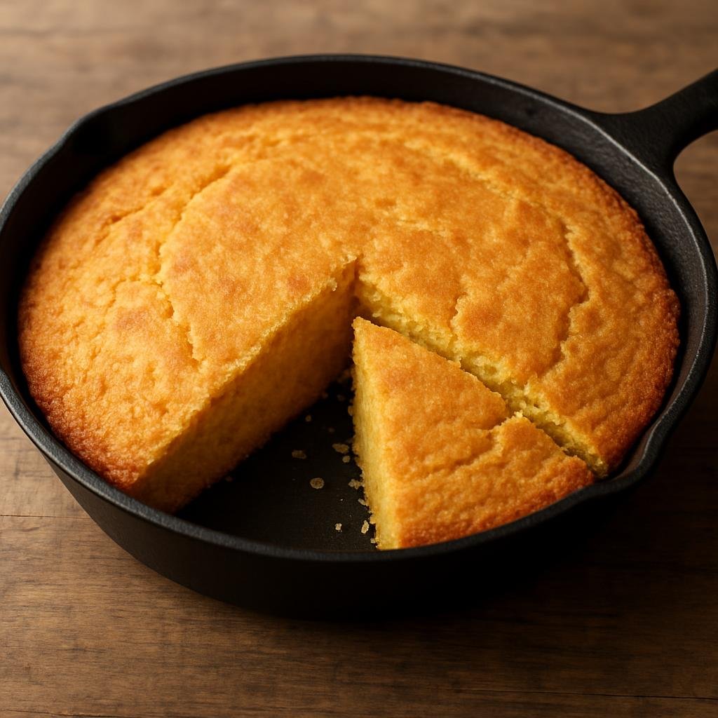 Entree: United States – Southern United States – Cornbread (A savory quick bread made from cornmeal, traditionally baked or skillet-fried in the American South) recipe