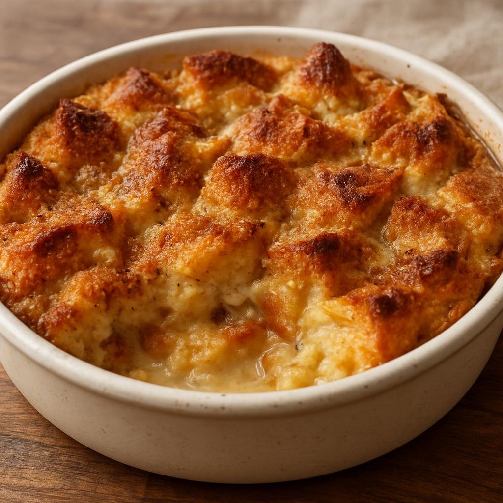 Entree: United States – Southern United States – Bread Pudding (Rich baked custard made with stale bread soaked in milk and eggs, flavored with sugar and warm spices) recipe