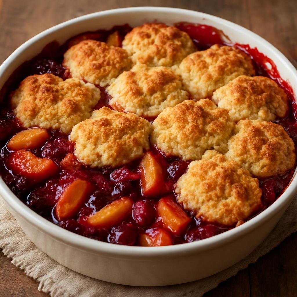 Entree: United States – Southern United States – Local Fruit Cobbler (Baked seasonal fruit in a sweet syrup topped with a buttery biscuit-like crust) recipe