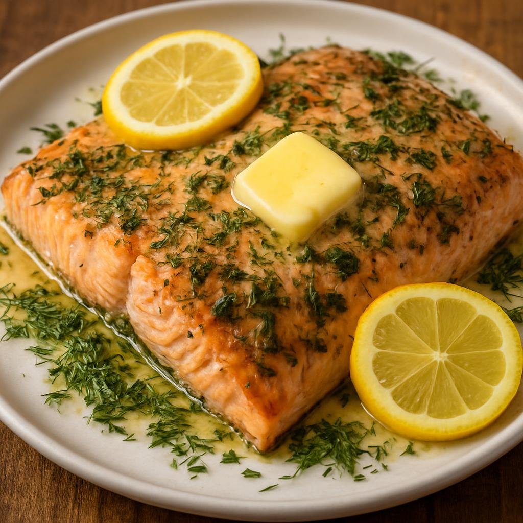 Entree: United States – Alaska Cuisine – Salmon Bake (Baked wild Pacific salmon seasoned with butter, lemon, and fresh herbs) recipe