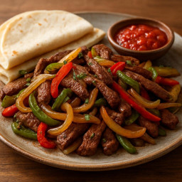 Entree: United States – Texas – Beef Fajitas (Sliced marinated beef cooked with peppers and onions, served with warm tortillas) recipe