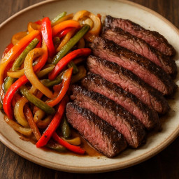 Entree: United States – Texas – Hanger Steak Fajitas (Sliced hanger steak served with sautéed peppers and onions for fajitas) recipe