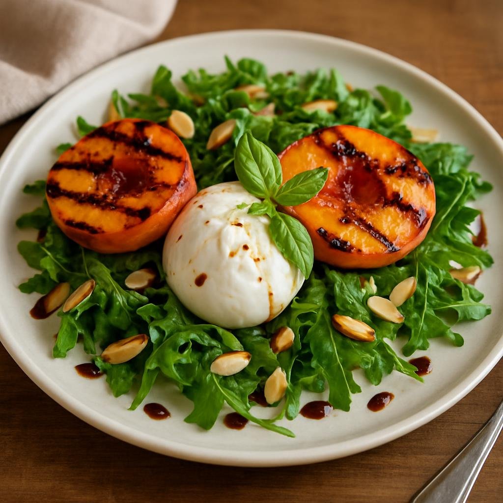 Salad: United States – California Cuisine – Grilled Peach and Burrata Salad recipe