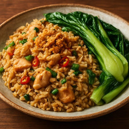Entree: Thailand – ข้าวผัดไก่ กับ บ๊อกชอย ➤ Khao Pad Gai kap bok choy (Thai chicken fried rice with bok choy) recipe