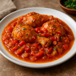 Entree: Spain – Aragón – Pollo al Chilindrón (Chilindrón-style chicken (pepper-and-tomato chicken)) recipe
