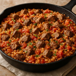 Entree: United States – One-Pan Skillet Beef and Tomato Rice (One-pan beef, tomato, and rice skillet) recipe