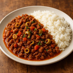 Entree: Cuba – Cuban Picadillo with Rice (Minced beef and tomato stew served with rice) recipe